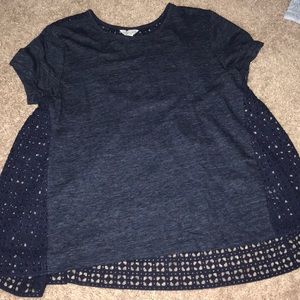 Navy T-shirt top with lattice work open back